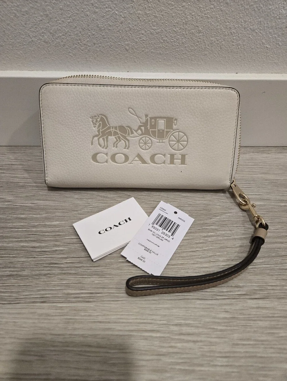 Coach White Leather Zip Wristlet Wallet with Coach Logo